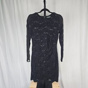 Lauren Ralph Lauren Black Sequin Floral Lace Dress Size 10 Long Sleeve Cocktail